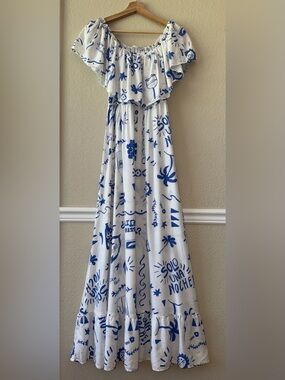 Label of Love Blue White Maxi Dress Vino Wine Vacation Size Large
